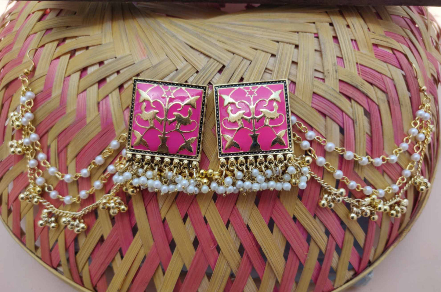 Enamelled Jhumki Square with beaded earchain in various colours