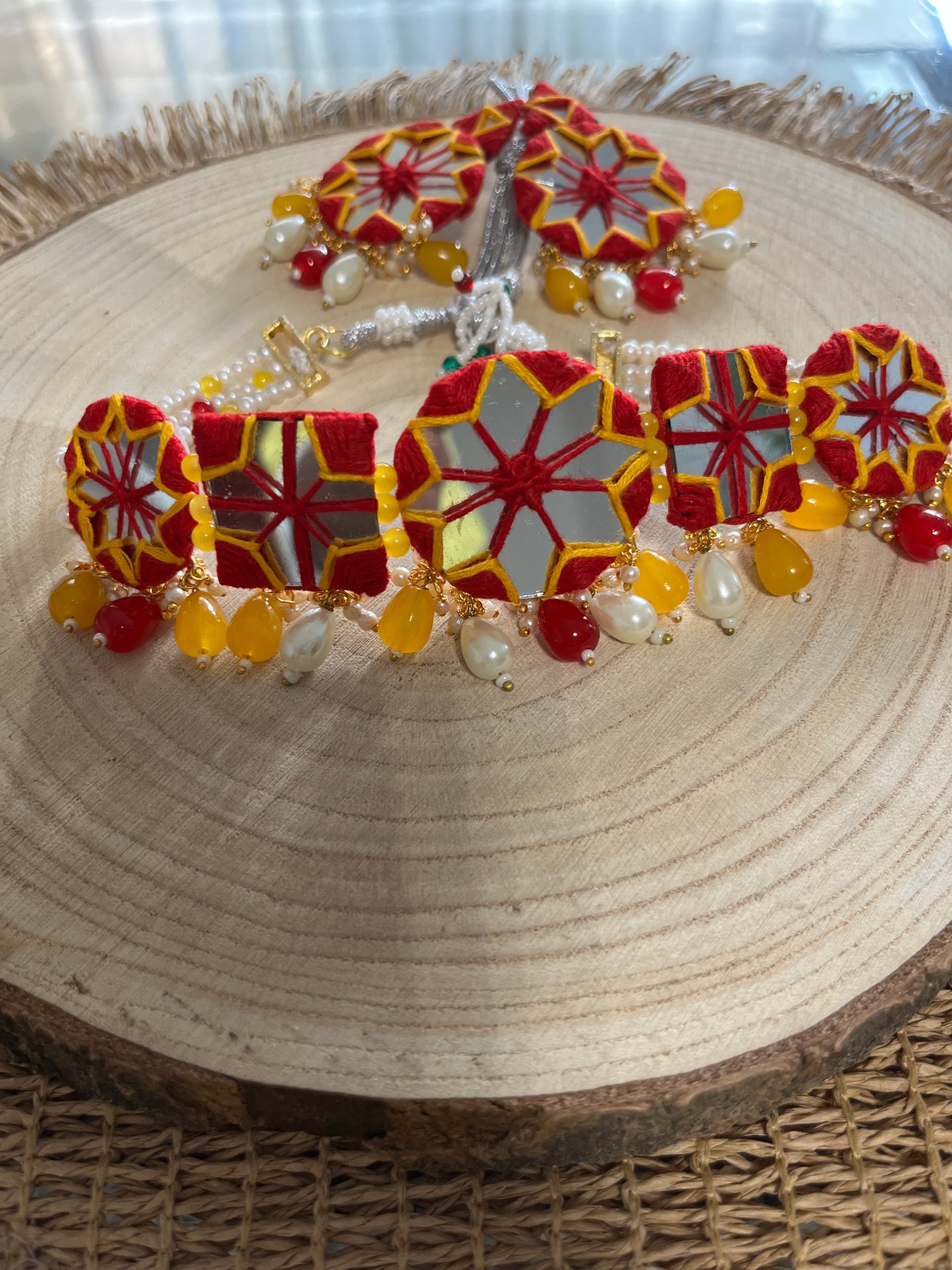 Fabric and thread choker set with geometric pieces - red, yellow