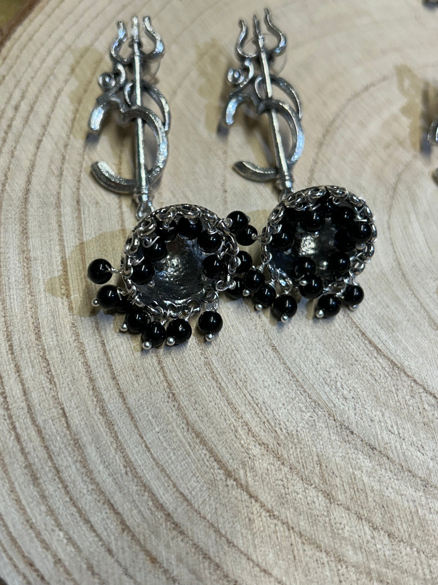 Oxidized Jhumki with Om and Trident - Black Beads