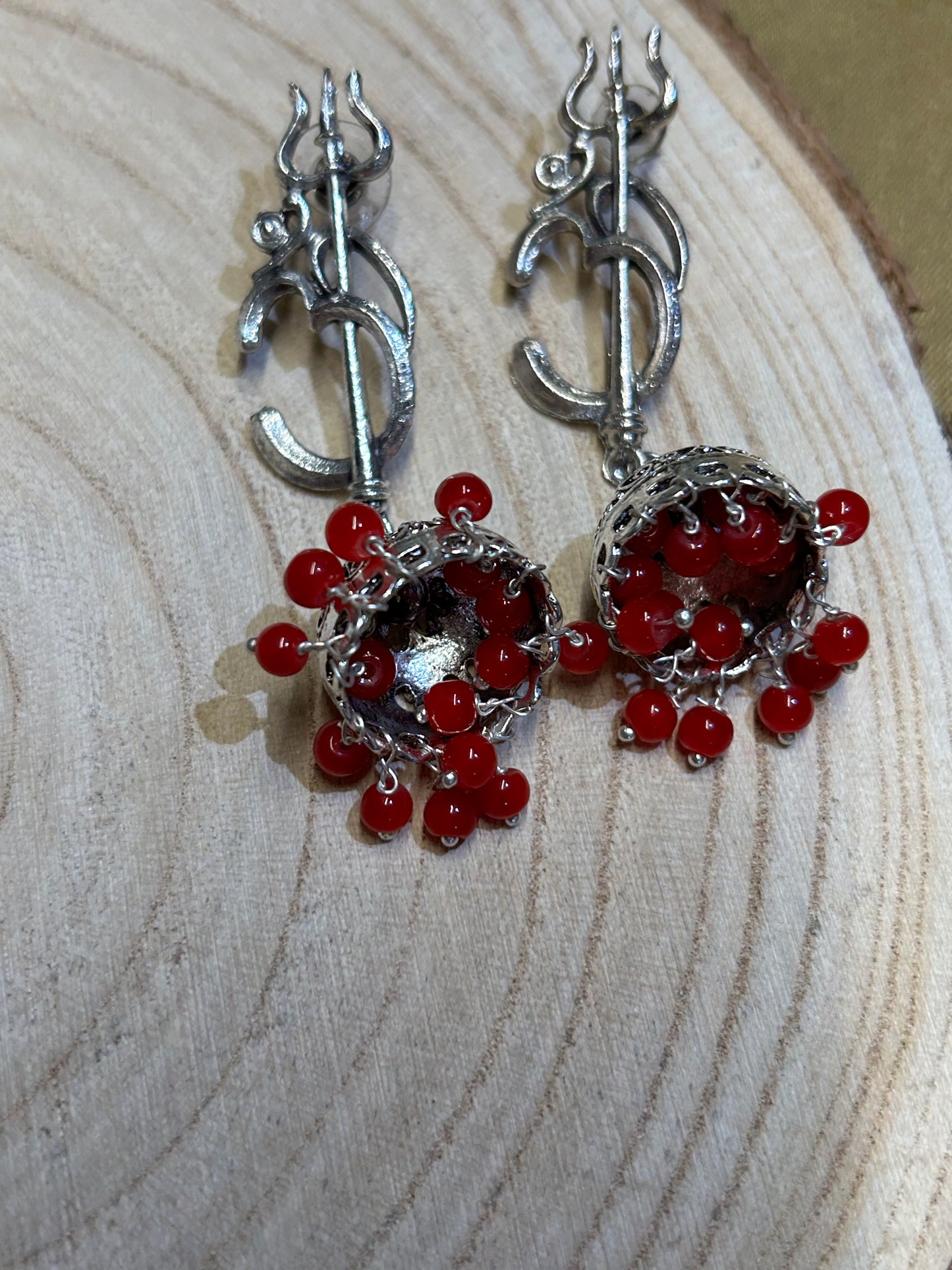 Oxidized Jhumki with Om and Trident - Red Beads