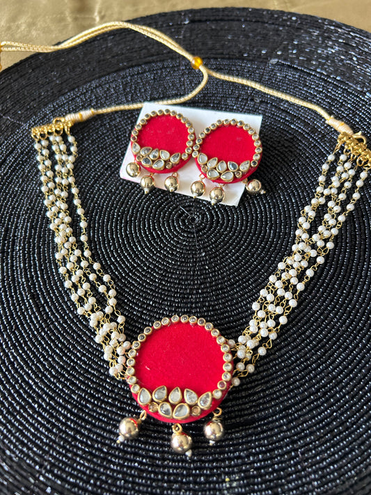 Fabric round choker set with beaded necklace - red