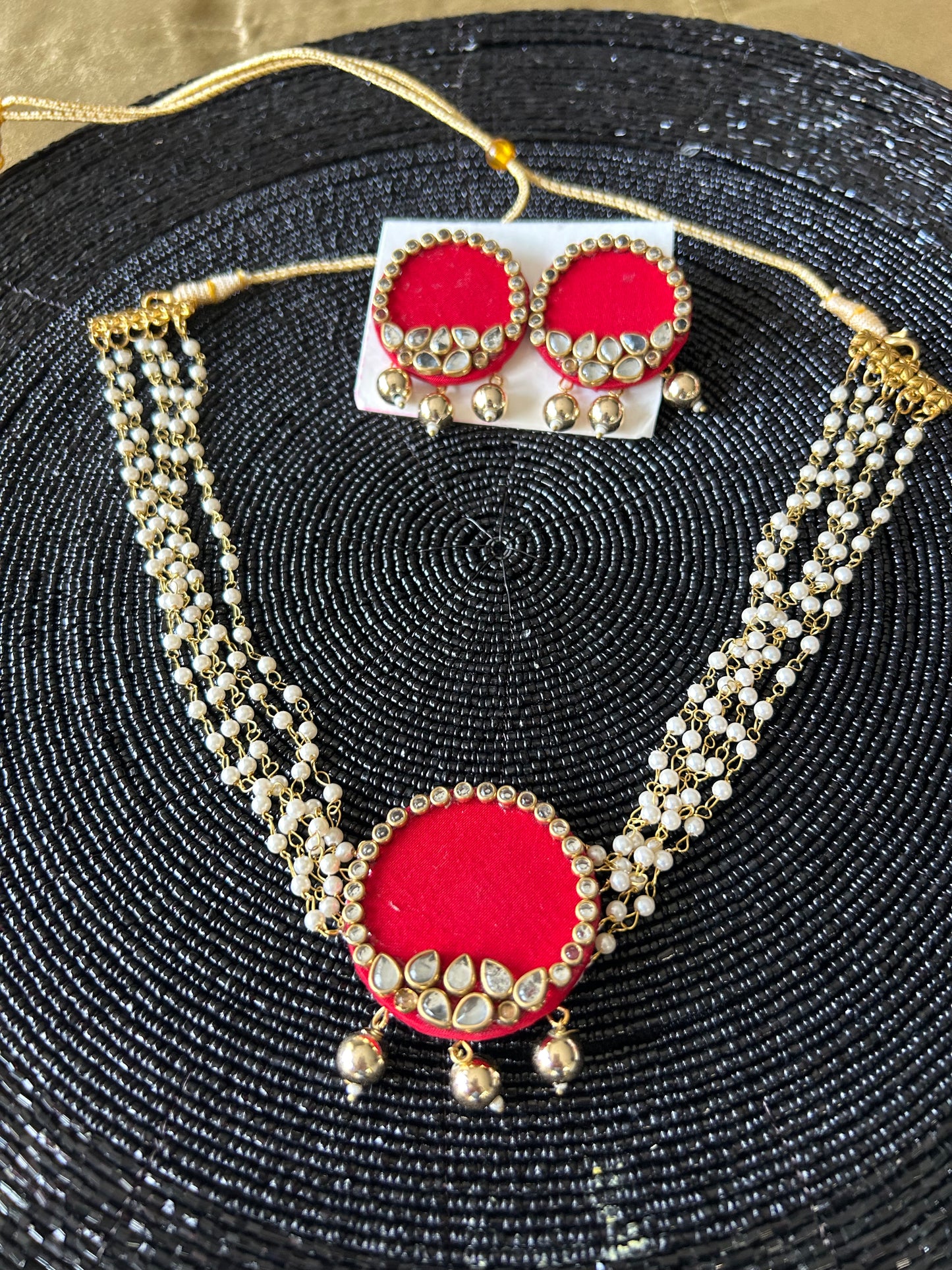 Fabric round choker set with beaded necklace - red