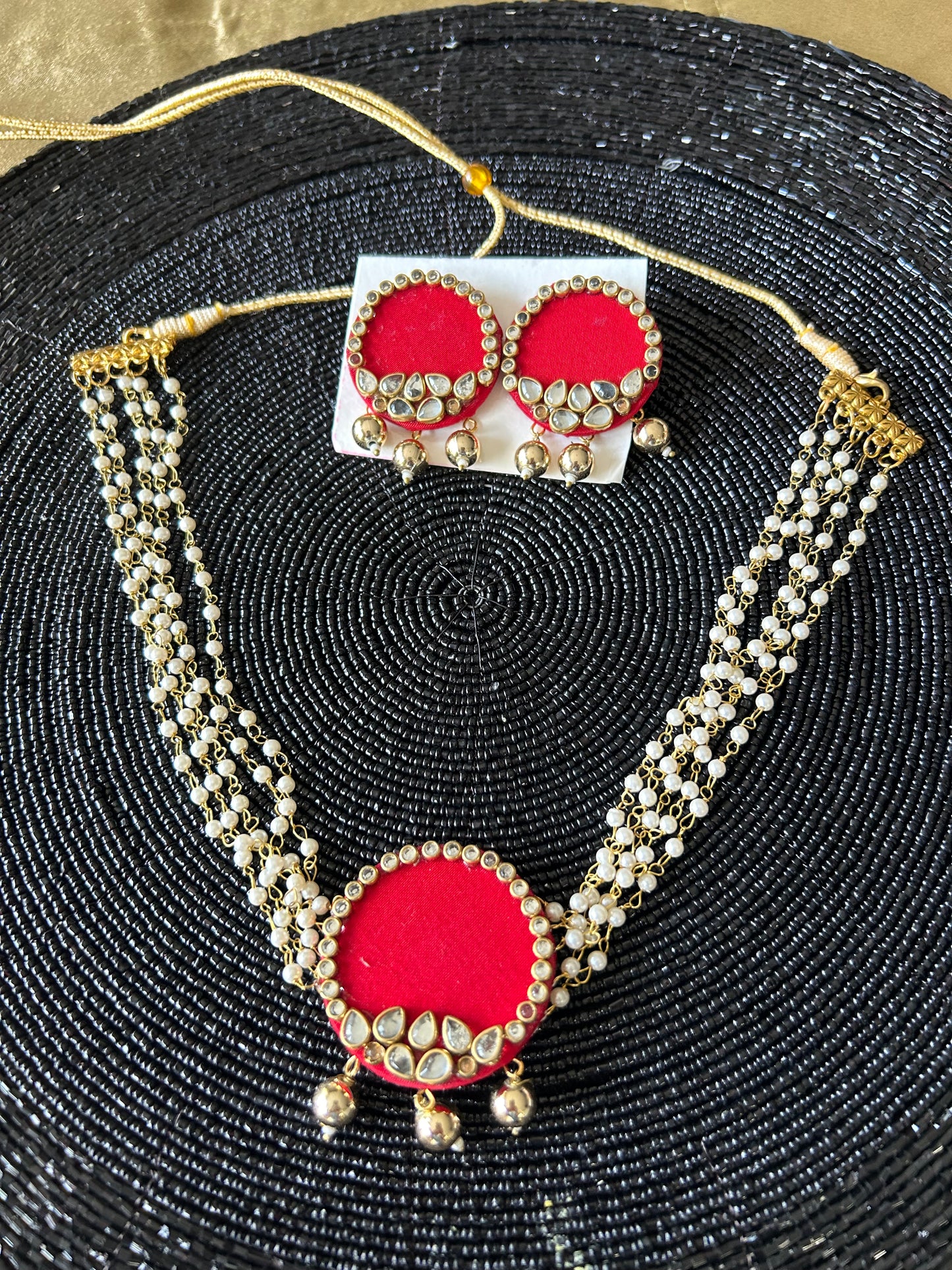 Fabric round choker set with beaded necklace - red