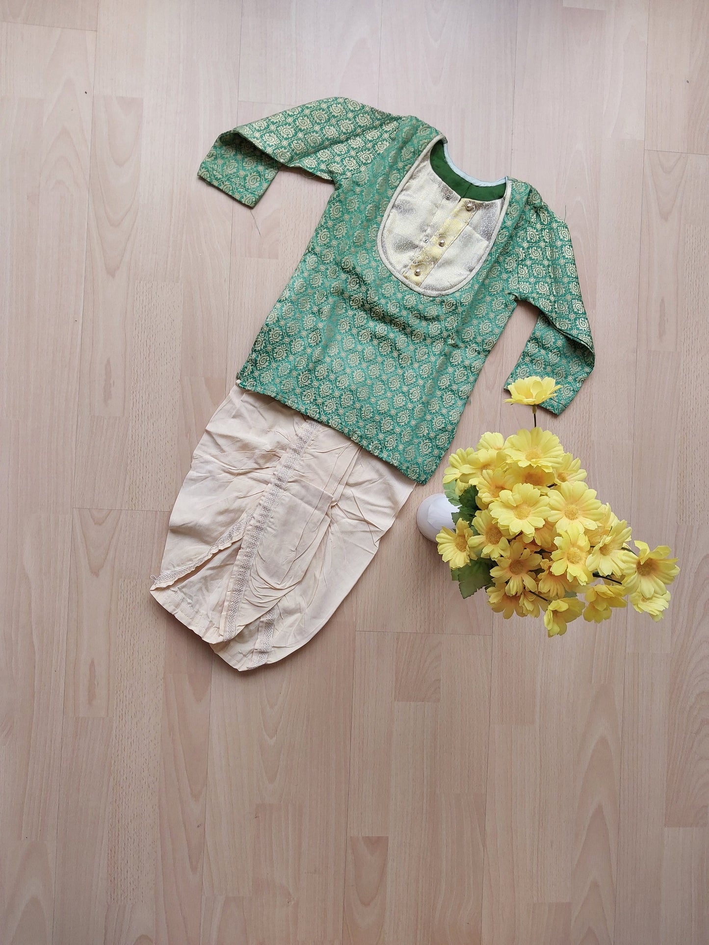 Olive green coloured Kurta with Off-white colour Dhoti for boys (Buy or Rent)