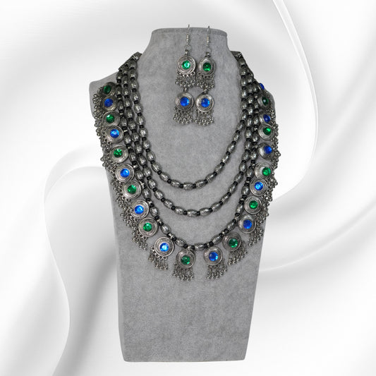 Oxidised Necklace - Banjaran Bloom in Green & Blue