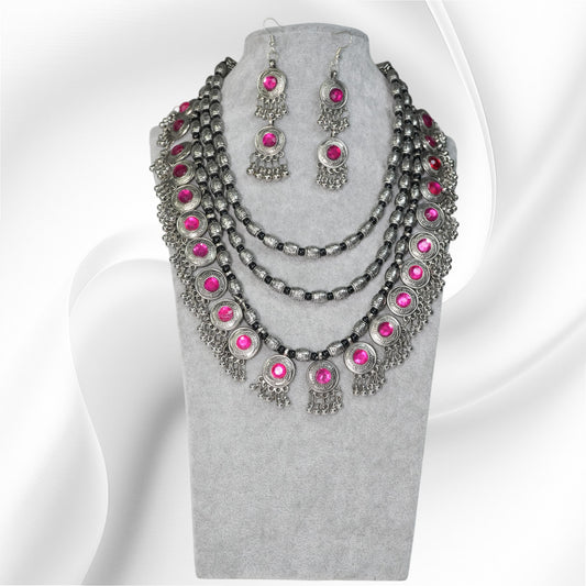 Oxidised Necklace - Banjaran Bloom in Dark Pink