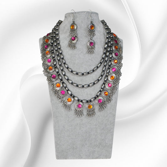 Oxidised Necklace - Banjaran Bloom in Orange and Pink