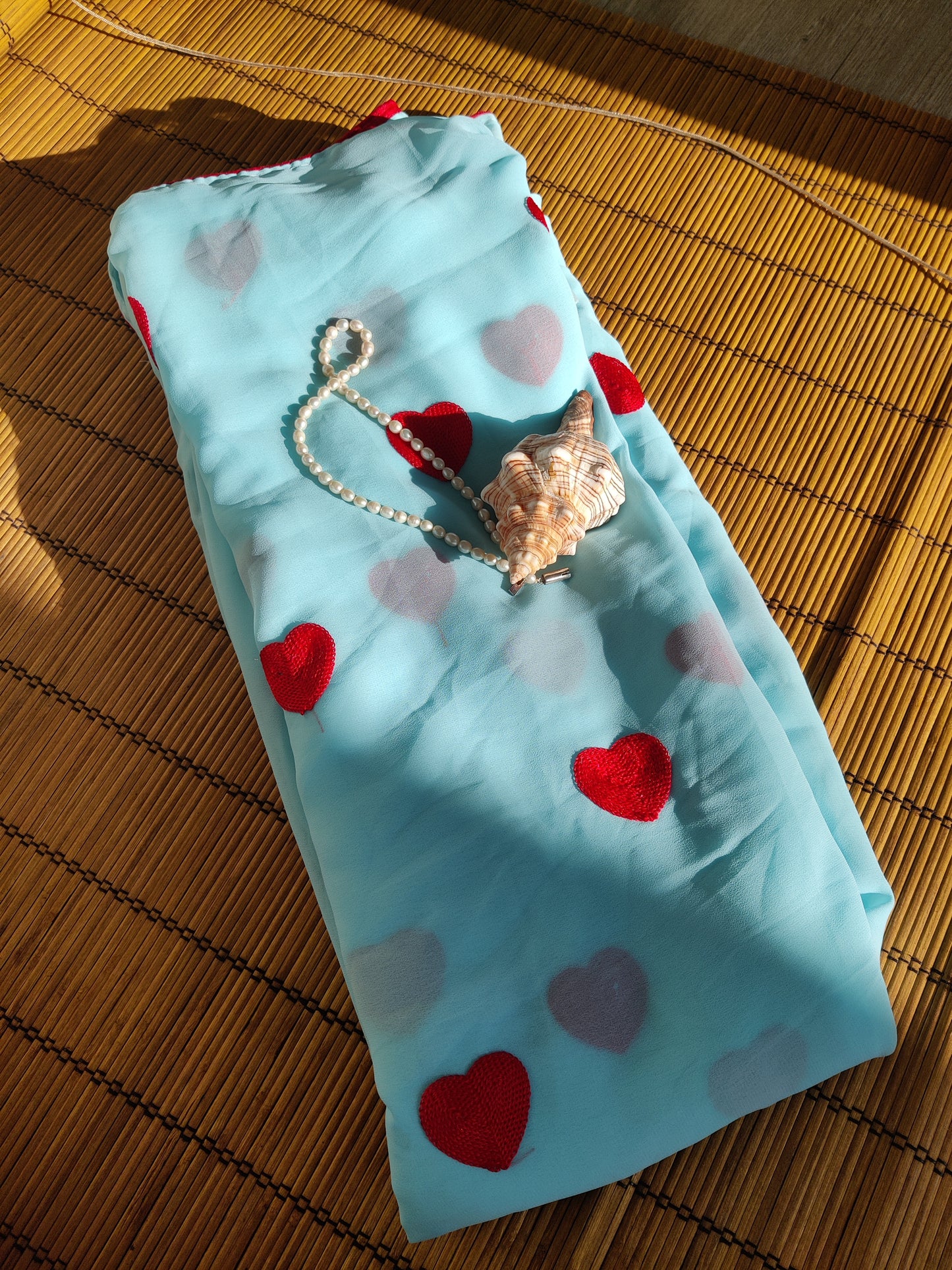 Heart Embroidery Ready to Wear Saree in Sky Blue