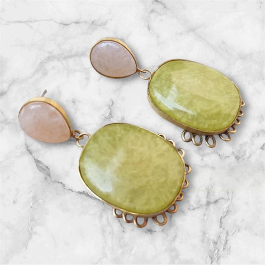 Earrings - Peach and Lemon Green Oval Studs