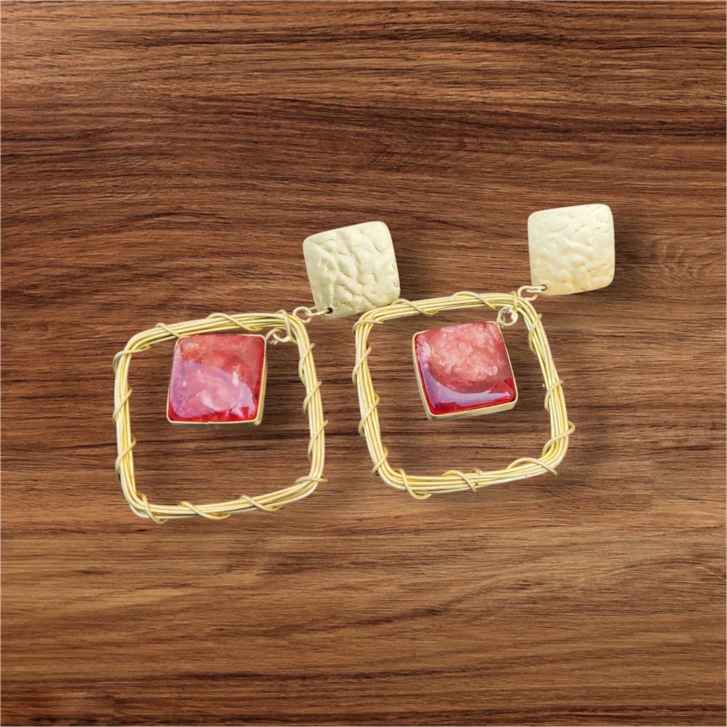 Ohrringe - Messing, Zwei Quadrate mit rosa Kunststein
