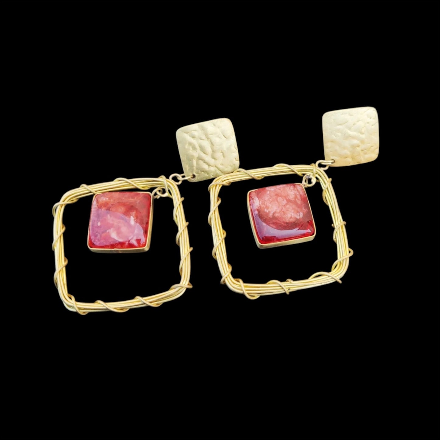Ohrringe - Messing, Zwei Quadrate mit rosa Kunststein