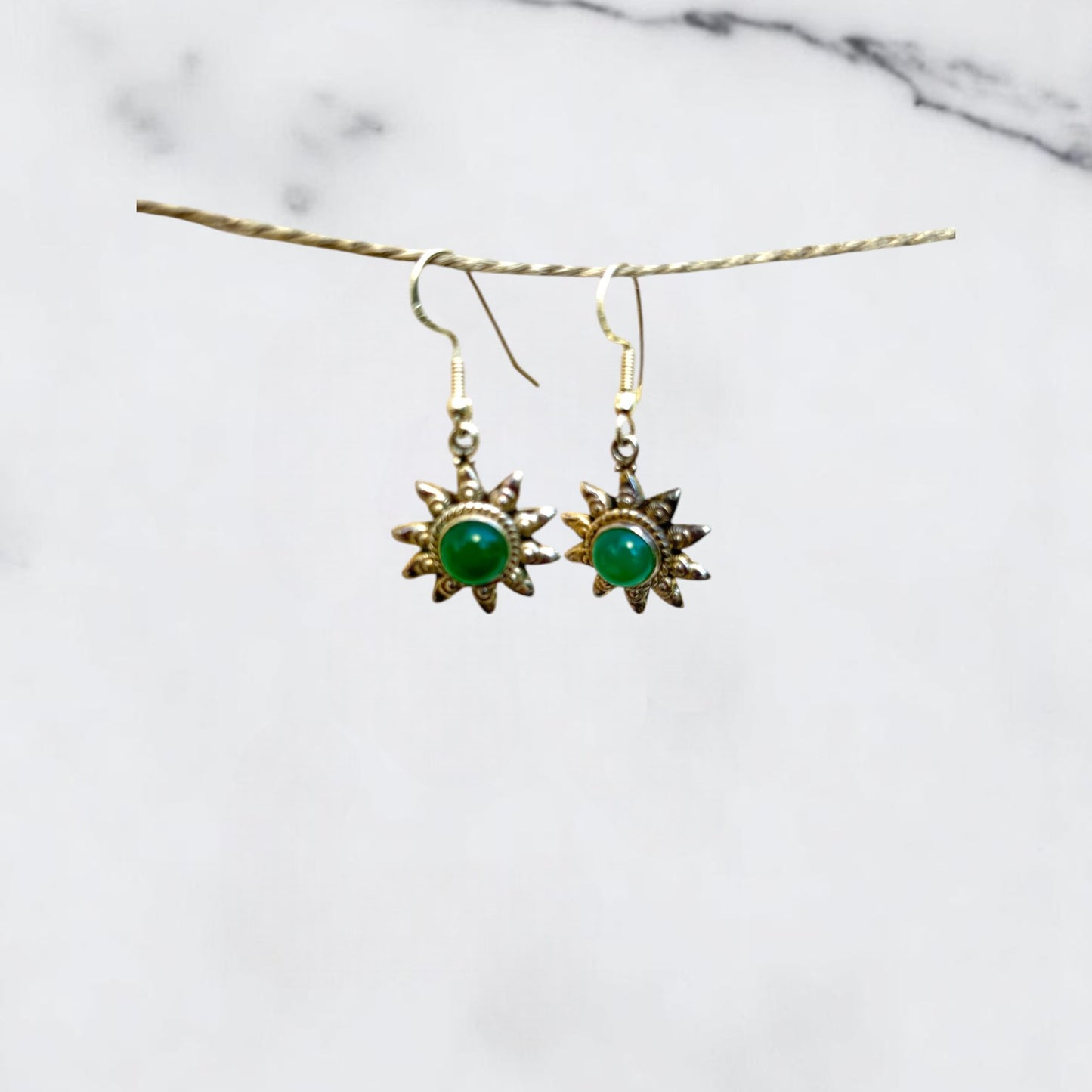 Silver Earrings - Green Onyx Sunburst