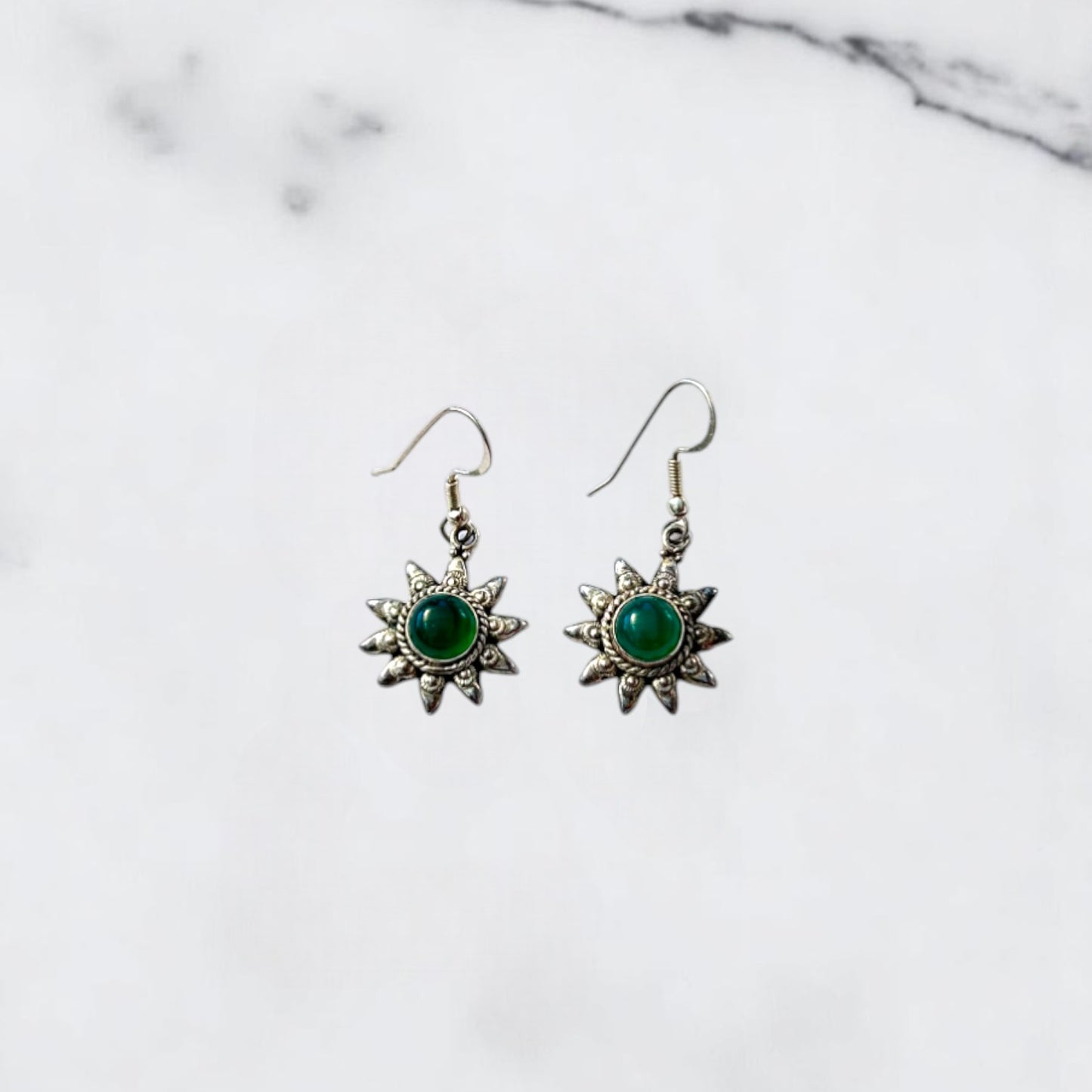 Silver Earrings - Green Onyx Sunburst