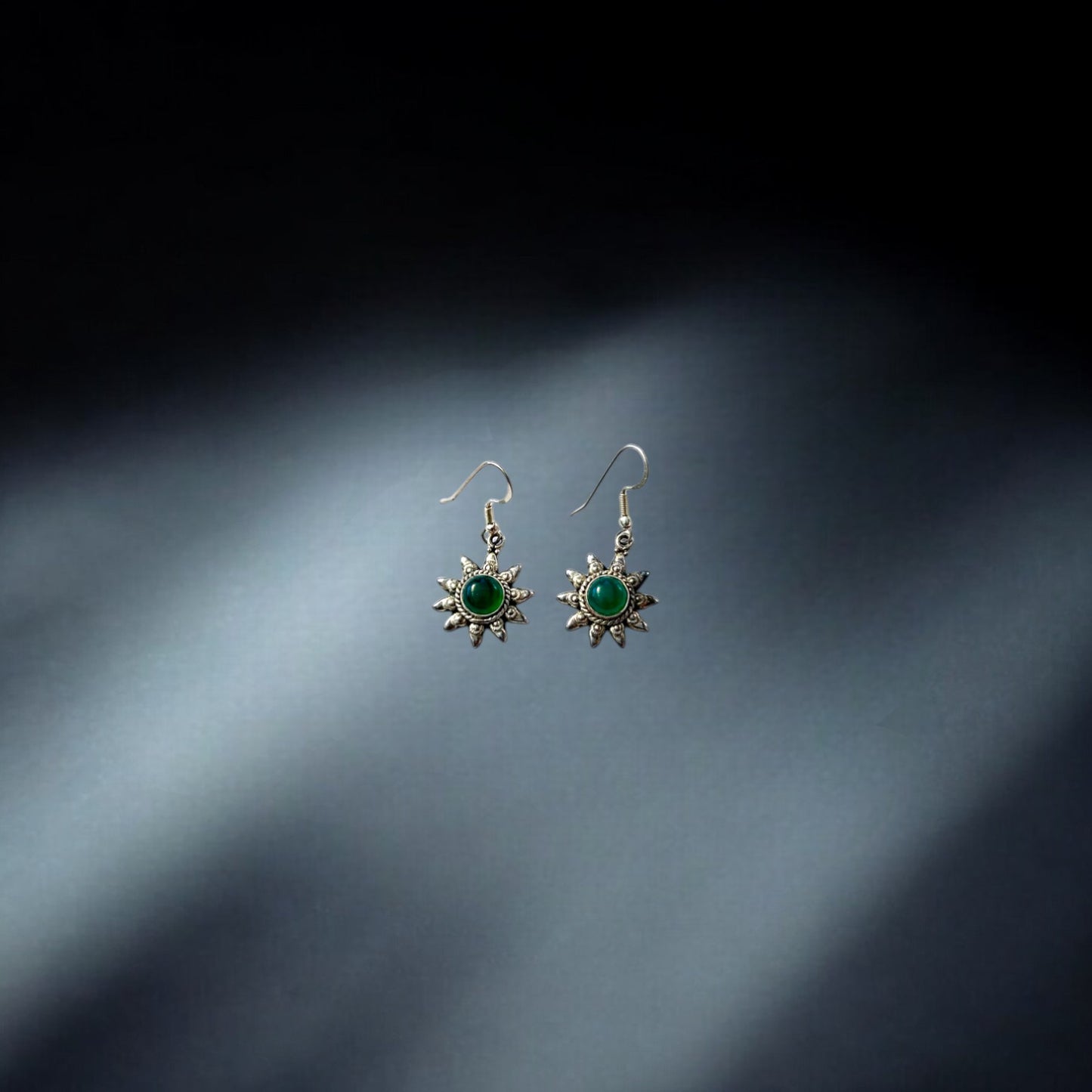 Silver Earrings - Green Onyx Sunburst