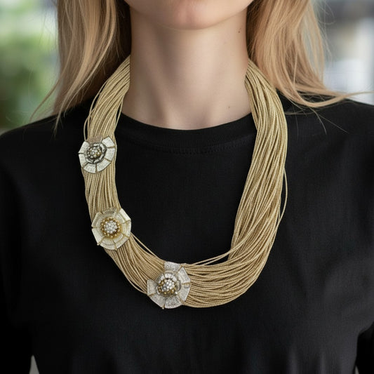 Jute Necklace - Floral Brooch