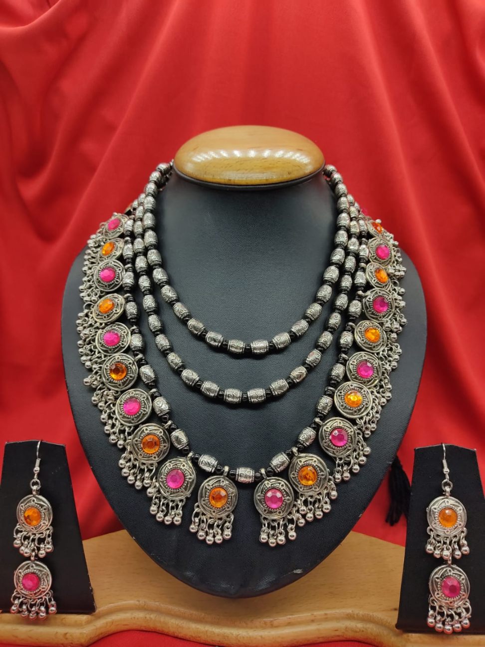 Oxidised Necklace - Banjaran Bloom in Orange and Pink