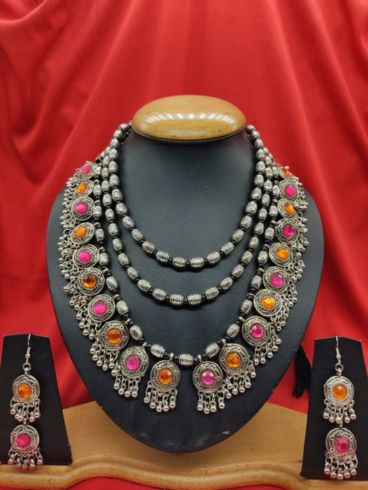 Oxidised Necklace - Banjaran Bloom in Orange and Pink