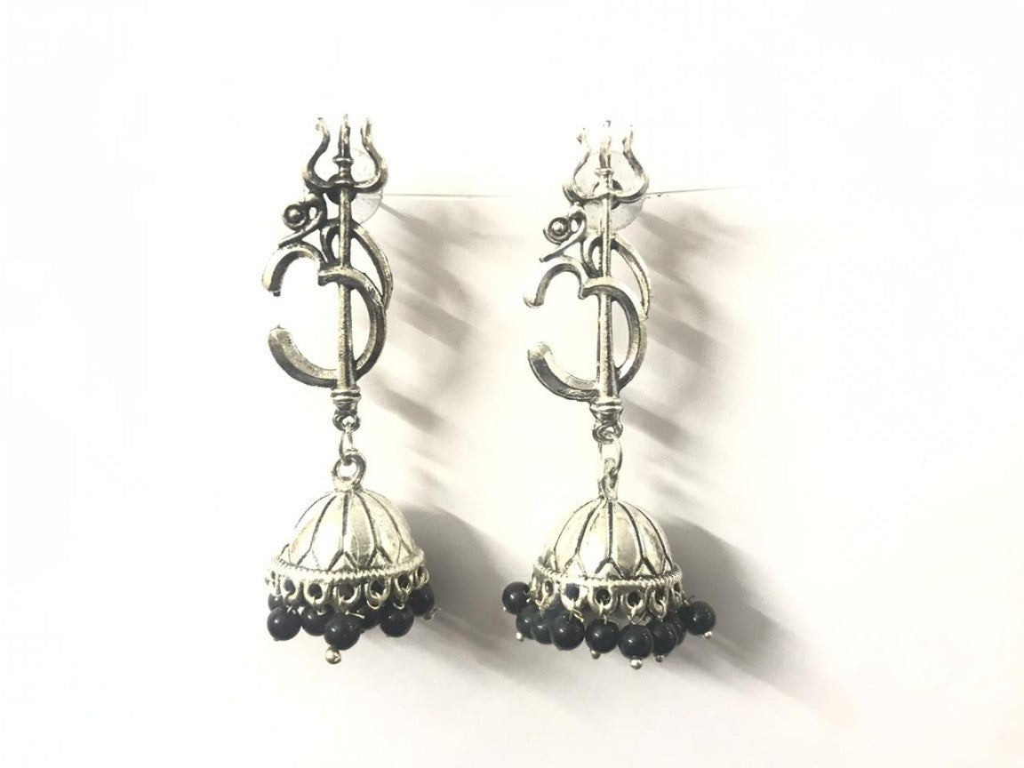 Oxidized Jhumki with Om and Trident - Black Beads