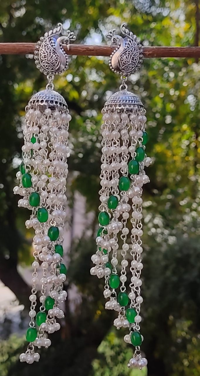 Oxidized long jhumki with white and green beads