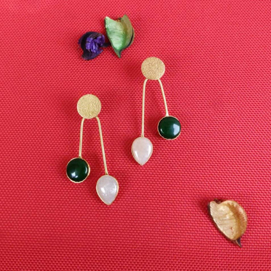 Earrings - Green & White Drops