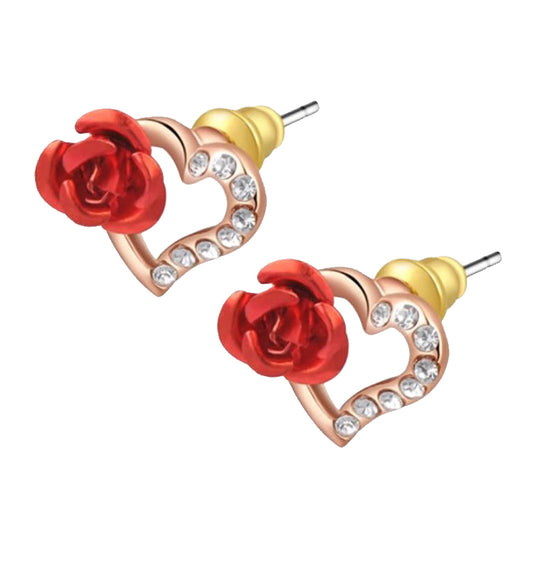 Mini stud earring with heart design and red rose