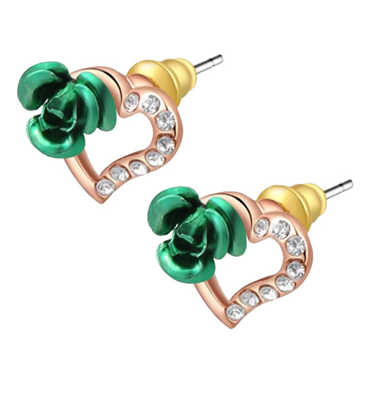 Mini stud earring with heart design and green rose
