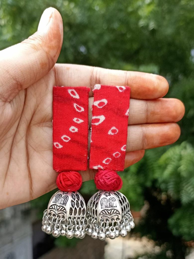 Tie and die fabric earring with oxidized jhumki dangler