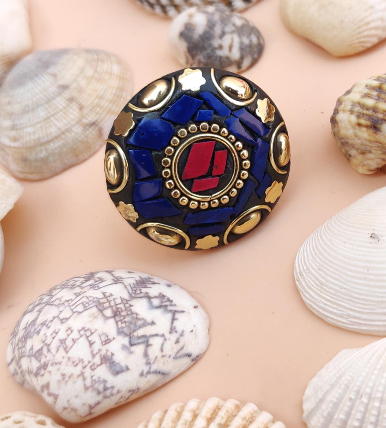 Tribal round ring in blue and golden