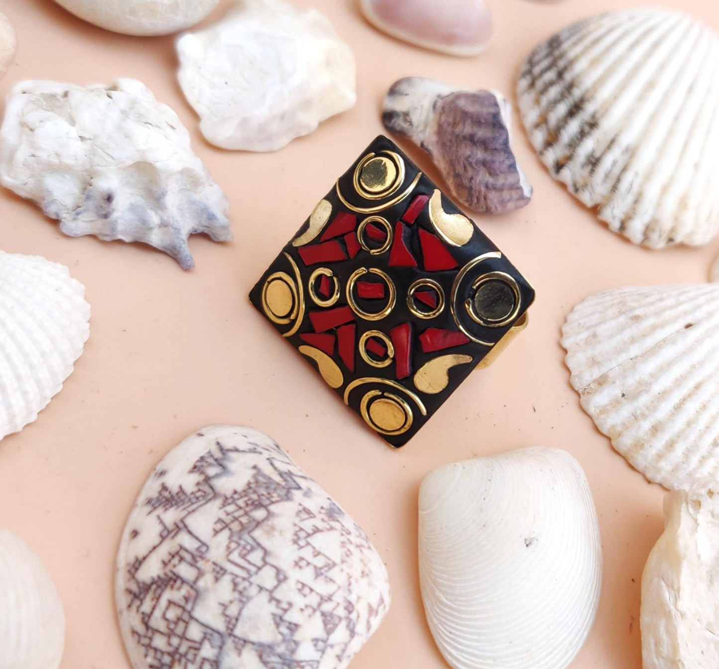 Tribal square ring in red and golden