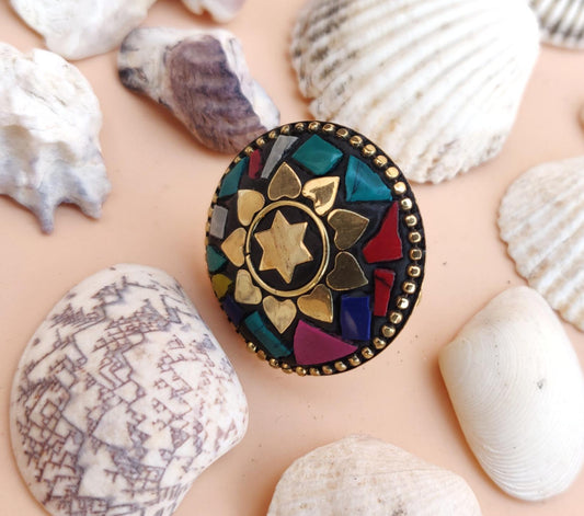 Tribal round ring in multicolour