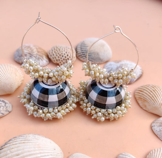 Earrings - Enamelled Black Chequered