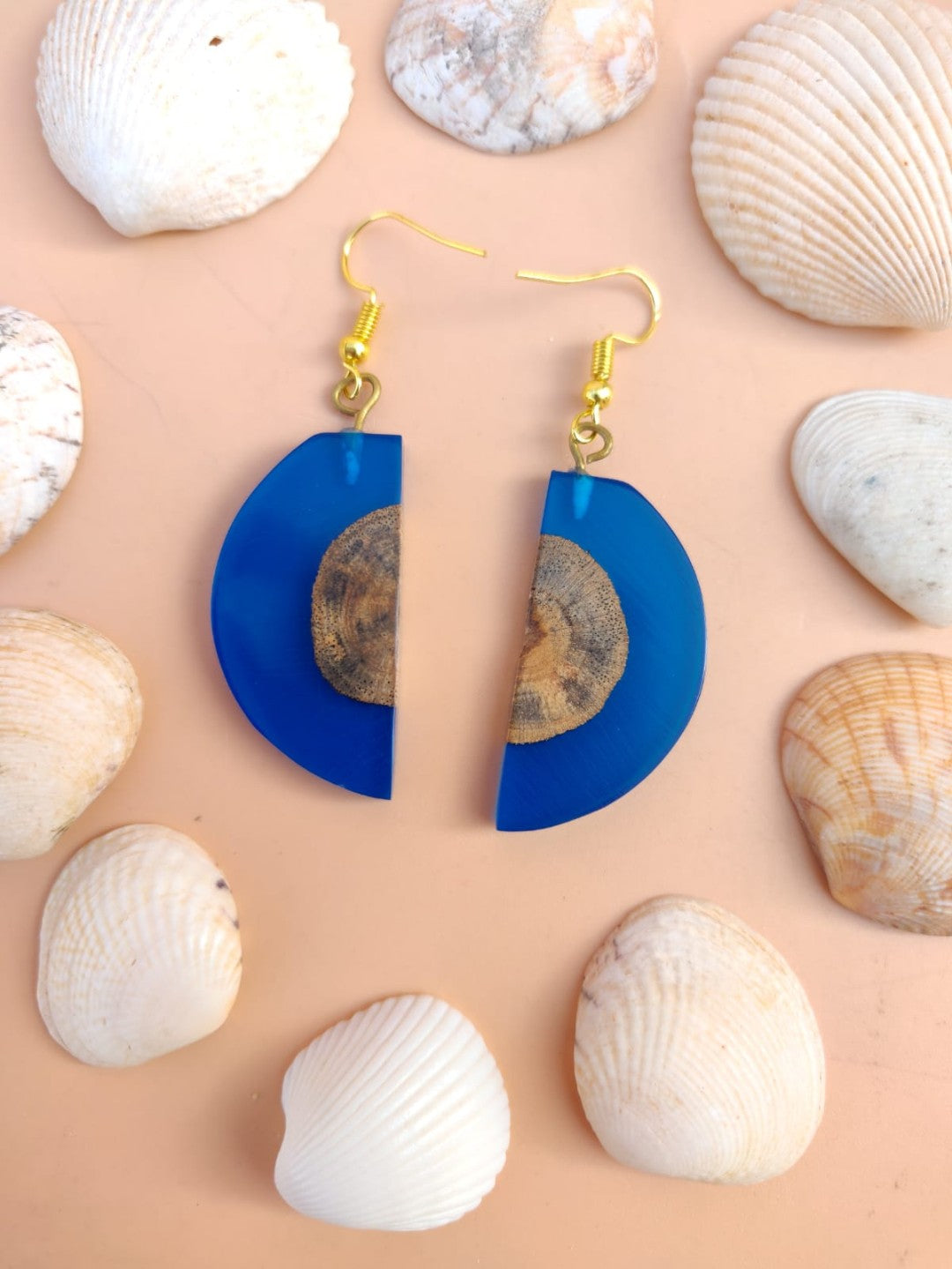 Resin and wood earring in half moon shape