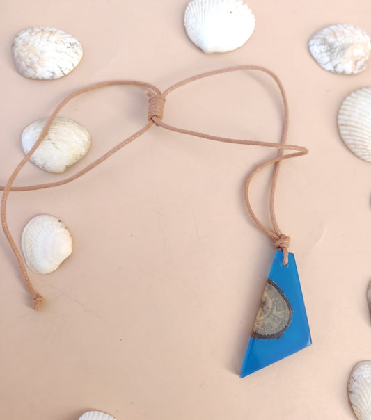 Resin and wood necklace, blue triangle