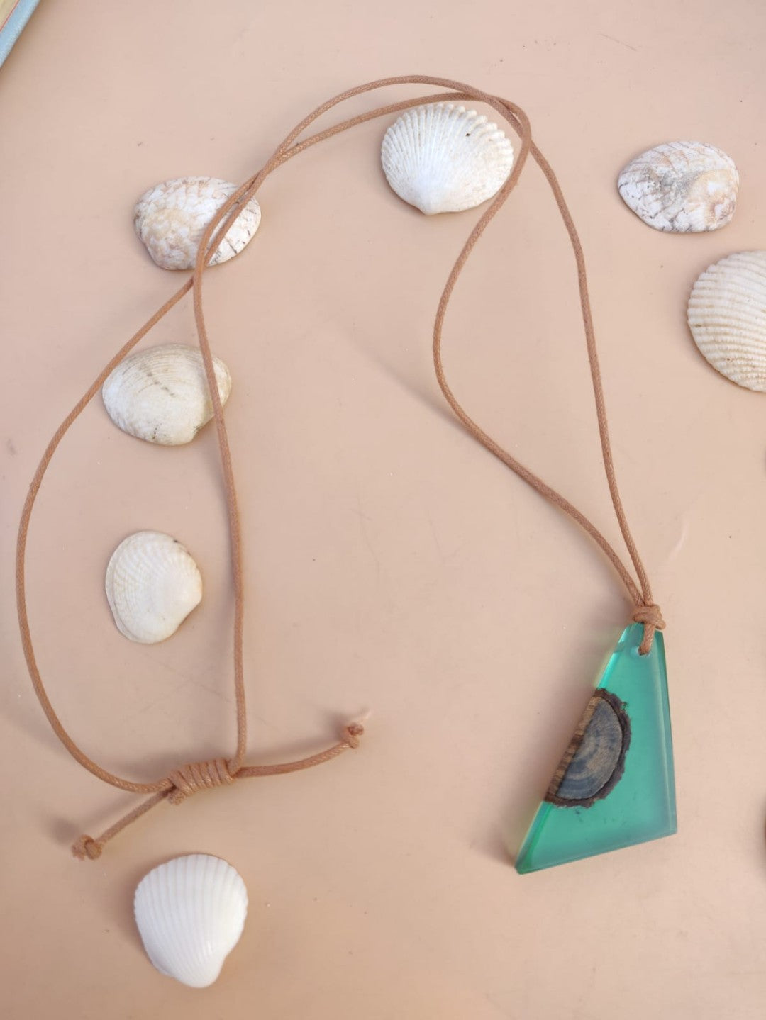 Resin and wood necklace, green triangle