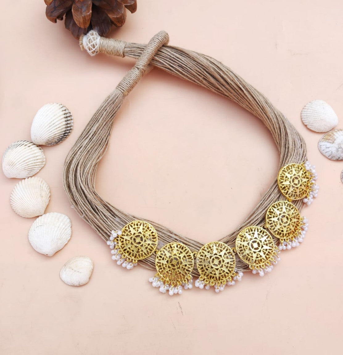 Jute Necklace - Antique Gold Medallion