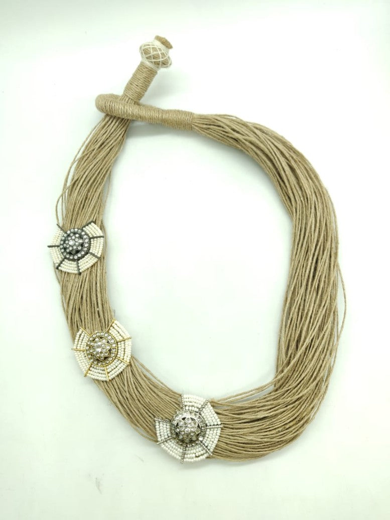 Jute Necklace - Floral Brooch