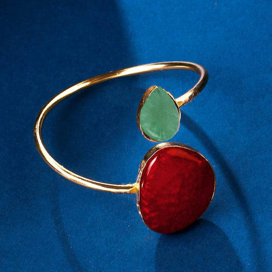 Single wire brass bracelet with red and light green faux stones