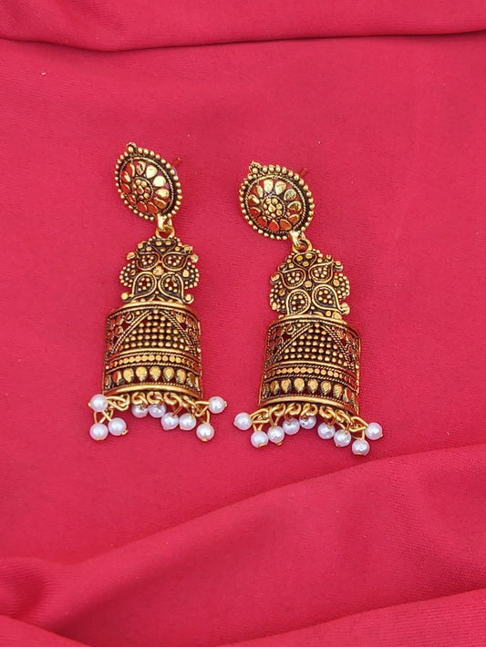 Oxidized jhumki earrings with royal flower, very lightweight, golden colour