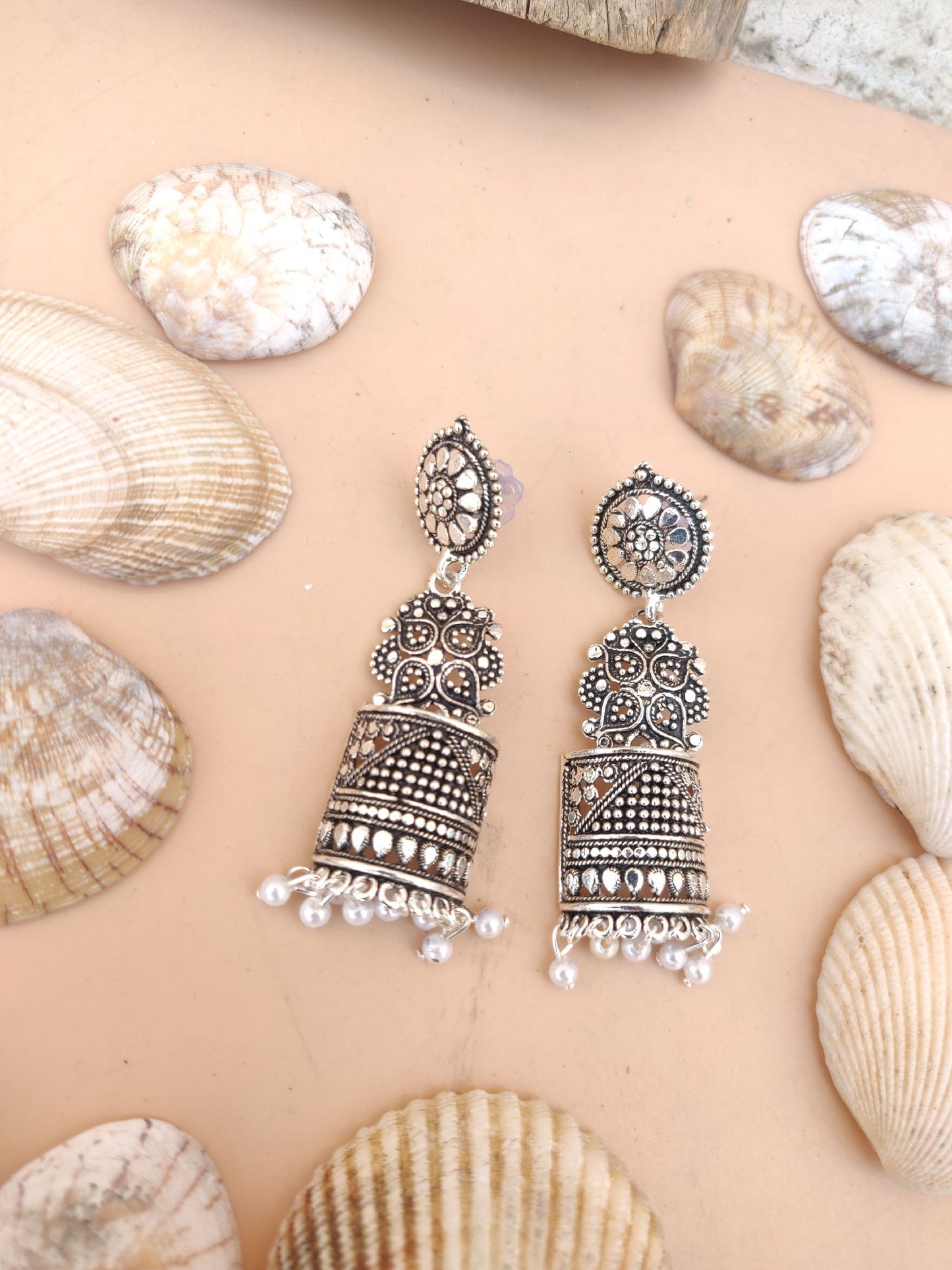 Oxidized jhumki earrings with royal flower, very lightweight