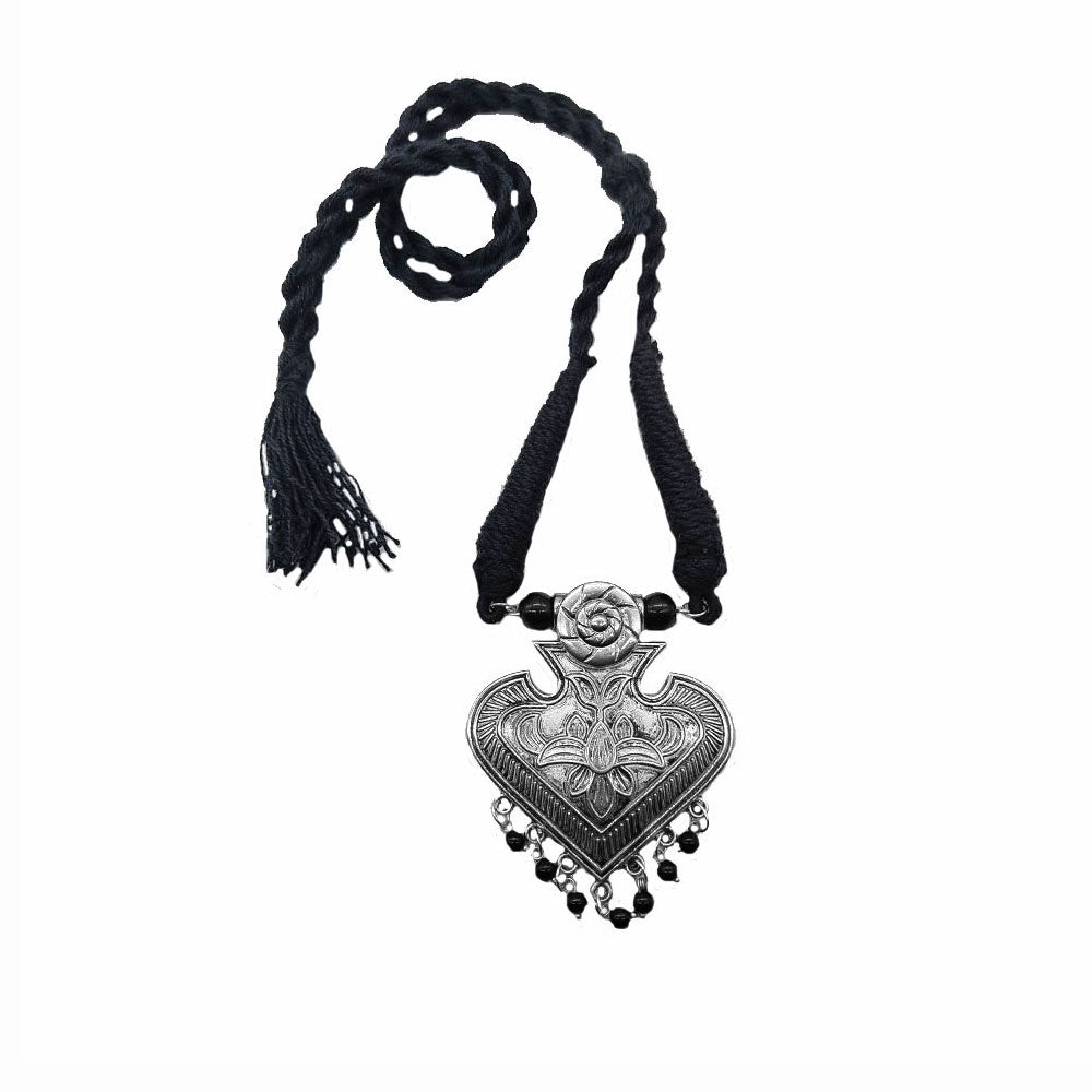 Heart shape - long oxidized necklace with thread closure