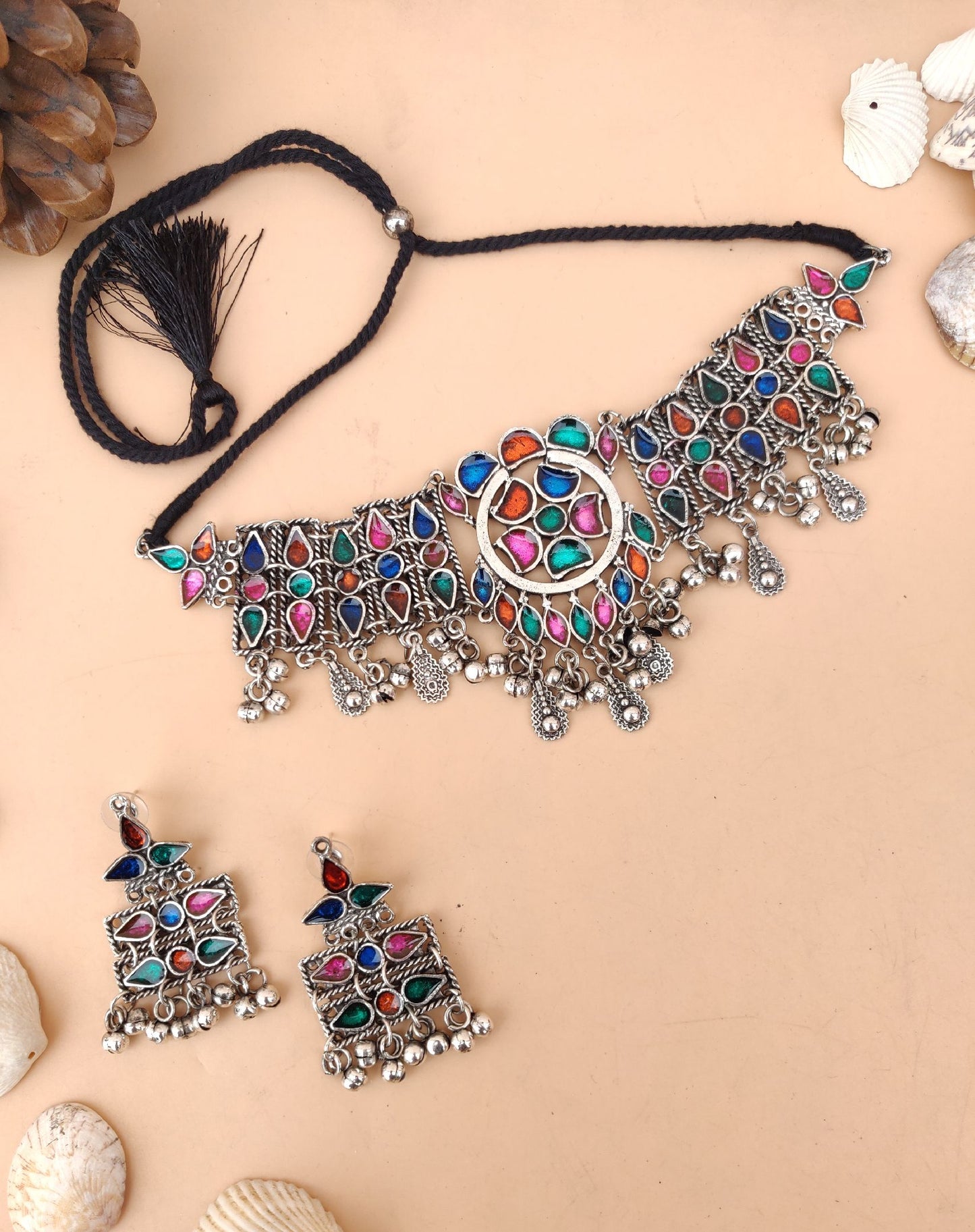 Antique style choker with multi-colour meenakari, with earrings