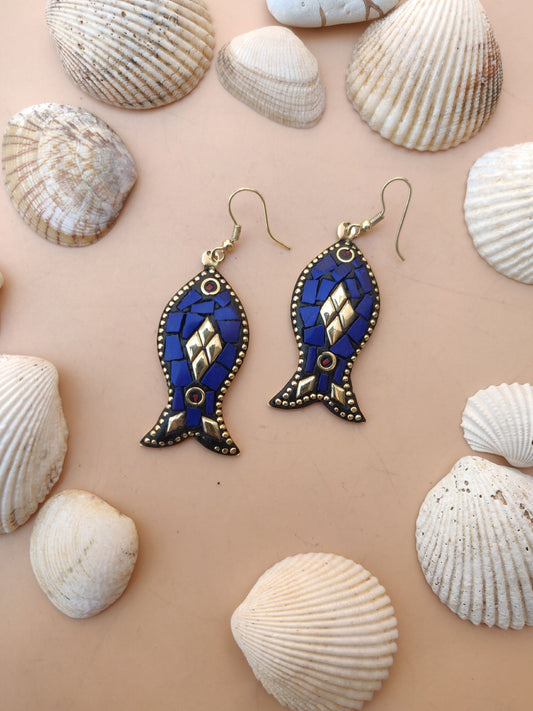 Tribal earrings - fish shaped thin dangler in blue colour with golden star