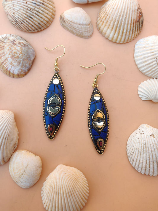 Tribal earrings - fish shaped thin dangler in blue colour