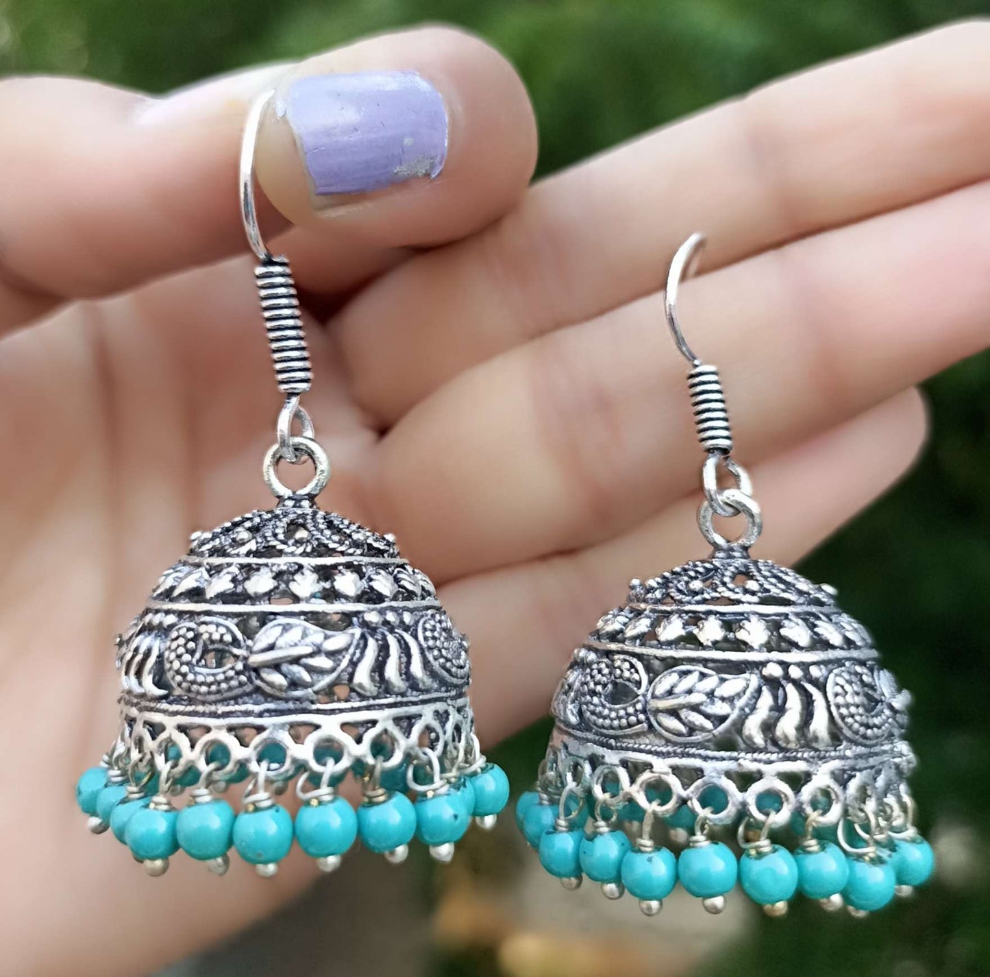 Oxidized Jhumki with small leaf design and turquoise beads
