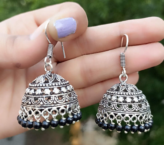 Oxidized Jhumki with small loop design and black beads