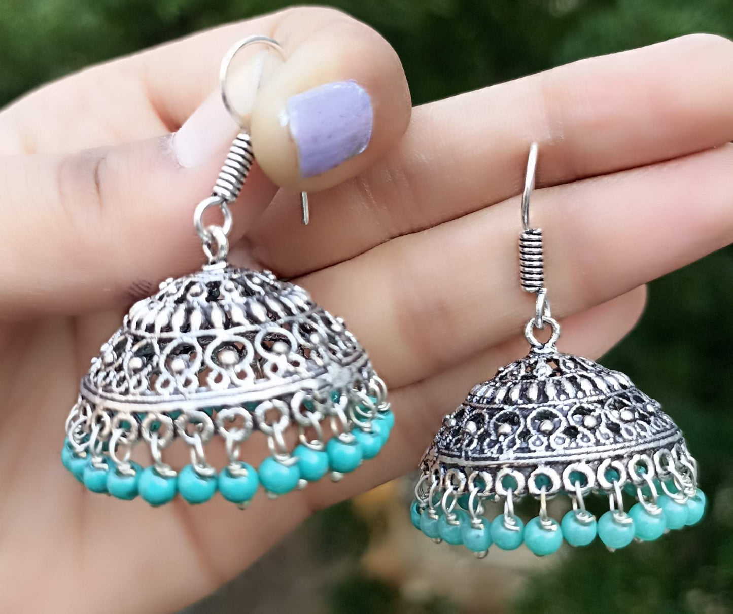 Oxidized Jhumki with loop design and turquoise beads
