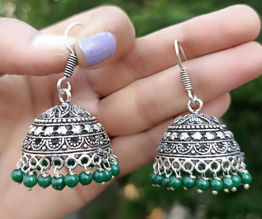 Oxidized Jhumki with small loop design and green beads