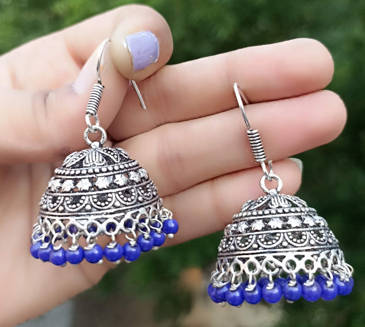 Oxidized Jhumki with small loop design and blue beads