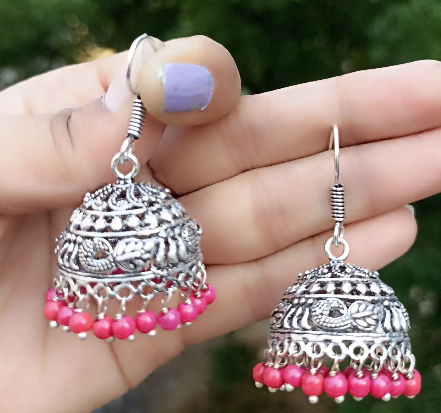 Oxidized Jhumki with small leaf design and pink beads
