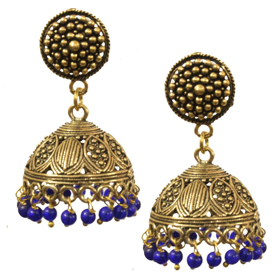 Golden colour oxidized jhumki with coin stud and blue beads